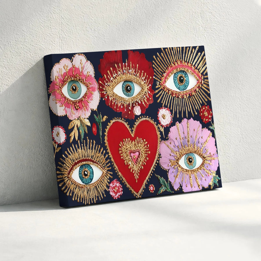 Boho Evil Eye Wall Art | Sacred Heart Floral Canvas Print | Textured Gold Aesthetic Decor | Spiritual Protection Gift for Home Gallery