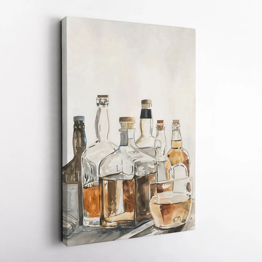 Whiskey Bottle Wall Art | Watercolor Bourbon Still Life Print | Premium Gallery Wrapped Canvas | Home Bar and Kitchen Decor Gift