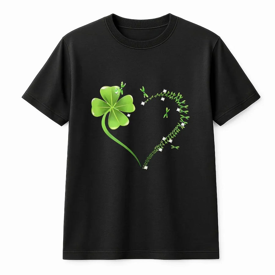 Four Leaf Clover Heart T-Shirt | Irish Luck Botanical Graphic | Premium Cotton Unisex Tee | St. Patricks Day Gift For Her