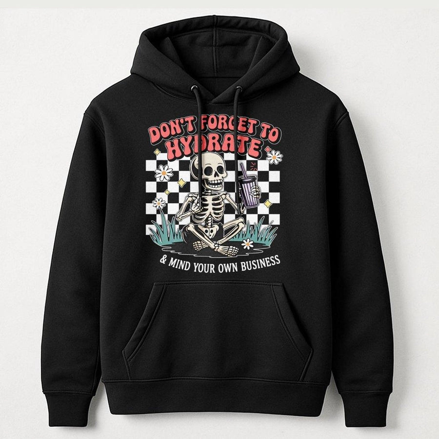 Don't Forget To Hydrate Skeleton Hoodie | Retro Checkerboard Aesthetic Graphic | Premium Cotton Blend | Funny Sarcastic Gift For Friends
