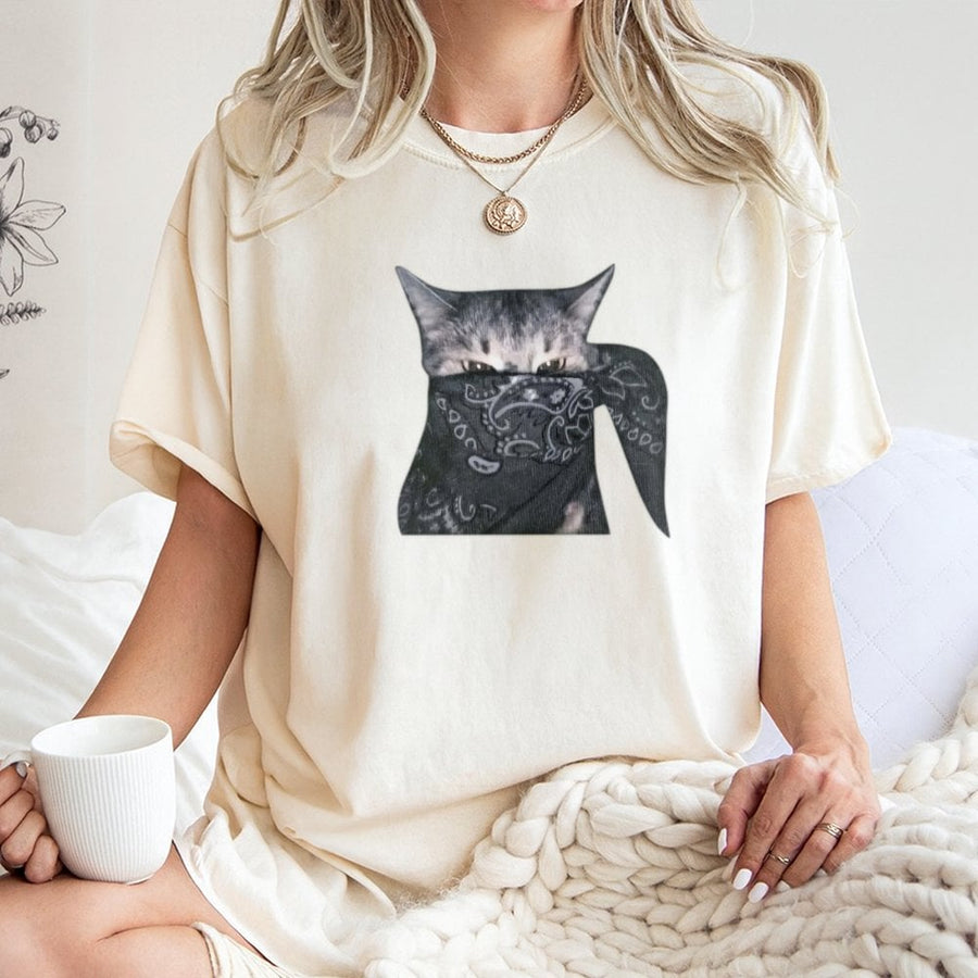 Outlaw Cat Graphic T-Shirt | Bandana Wearing Kitten Meme | 100% Cotton Premium Tee | Funny Animal Lover Gift for Men and Women