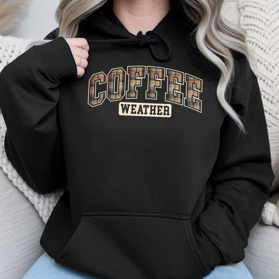 Coffee Weather Hoodie | Plaid Lettering Graphic Sweatshirt | Premium Cotton Blend | Gift for Coffee Lovers & Fall Aesthetic