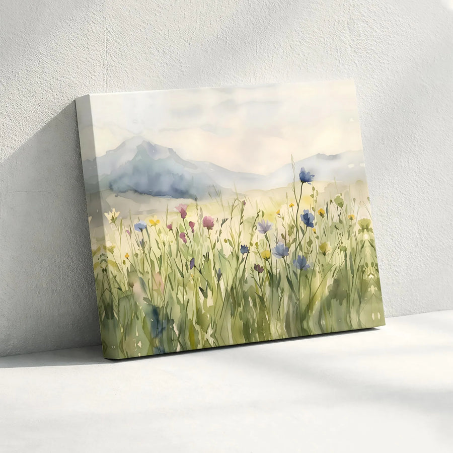 Watercolor Wildflower Canvas Art | Mountain Meadow Landscape Print | Premium Gallery Wrap Canvas | Modern Farmhouse Decor Gift