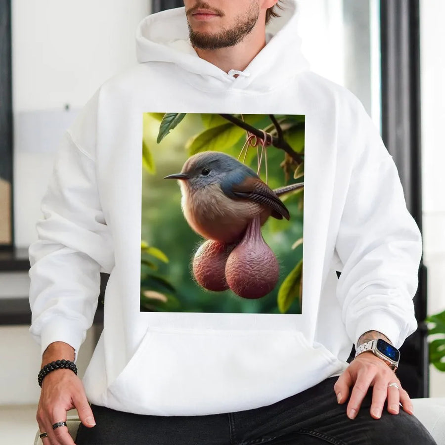 Funny Bird With Balls Hoodie | Titmouse Meme Graphic Jumper | Soft Fleece Pullover | Gag Gift for Bird Lovers
