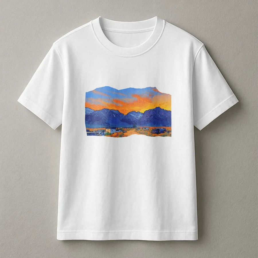 Desert Mountain Landscape T-Shirt | Artistic Sunset RV Camping Graphic | Premium Cotton Unisex Tee | Nature Lover Gift for Van Life Enthusiasts