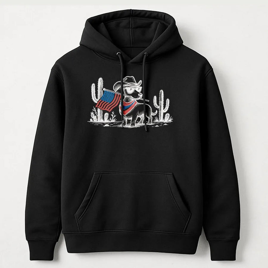 Patriotic Cowboy Dachshund Hoodie | Funny USA Flag Wiener Dog Graphic | Soft Cotton Unisex Tee | Gift for Dog Lovers on July 4th