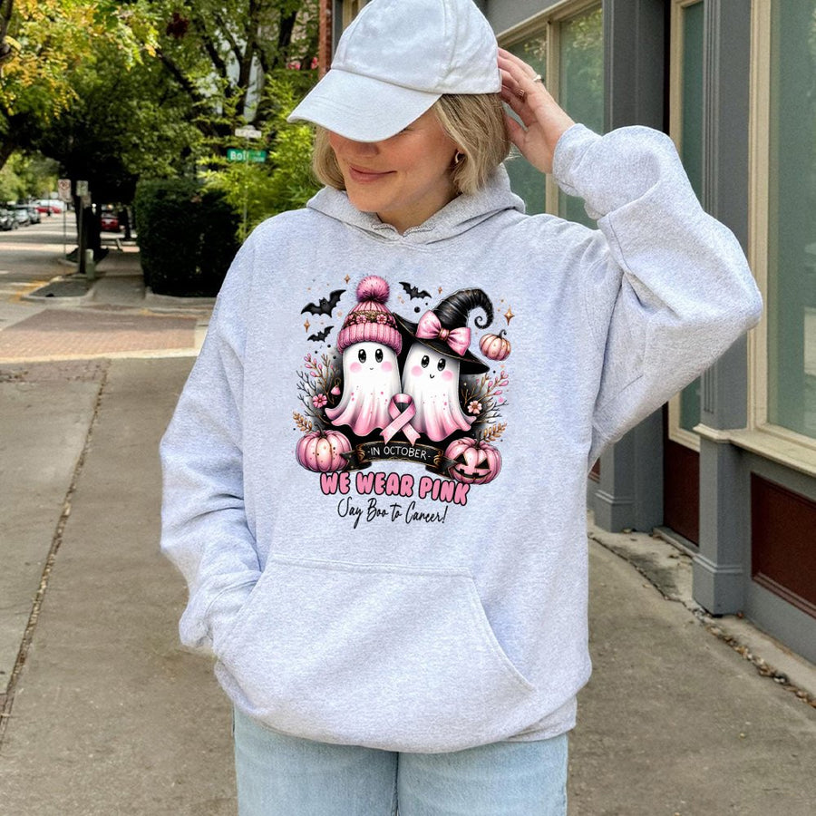 In October We Wear Pink Hoodie | Ghost Pumpkin Halloween Breast Cancer Awareness Design | Soft Cotton-Polyester Blend | Gift For Cancer Fighters Survivors