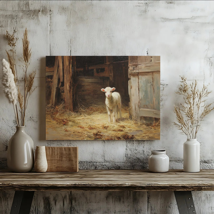 Rustic Lamb Oil Painting Horizontal Canvas | Farmhouse Barn Animal Wall Art | Premium 1.25 Inch Canvas Print | Charming Cottagecore Home Decor Gift