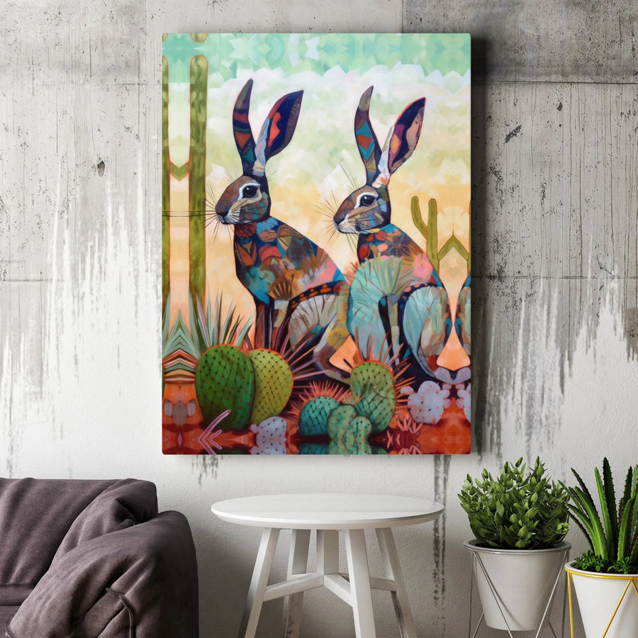 Southwestern Jackrabbit Canvas Wall Art | Colorful Abstract Rabbit Painting | Premium Gallery Wrapped Canvas | Boho Desert Home Decor Gift