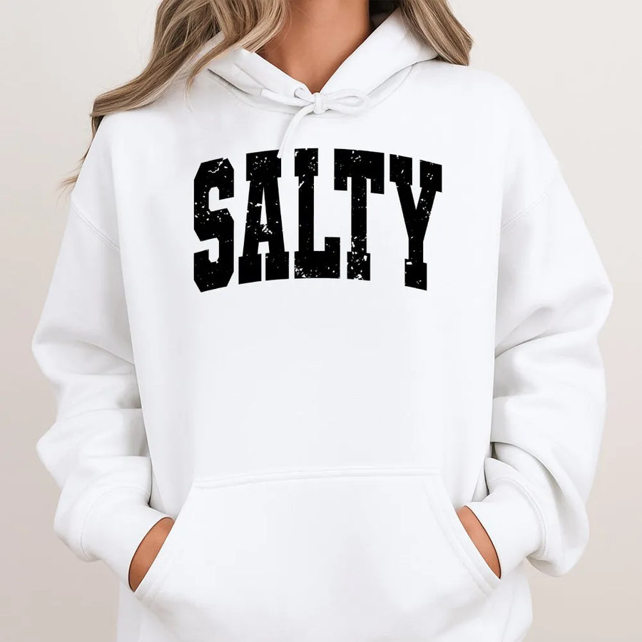 Salty Hoodie | Distressed Varsity Graphic Crewneck | Premium Cotton Blend | Gift for Beach and Ocean Lover