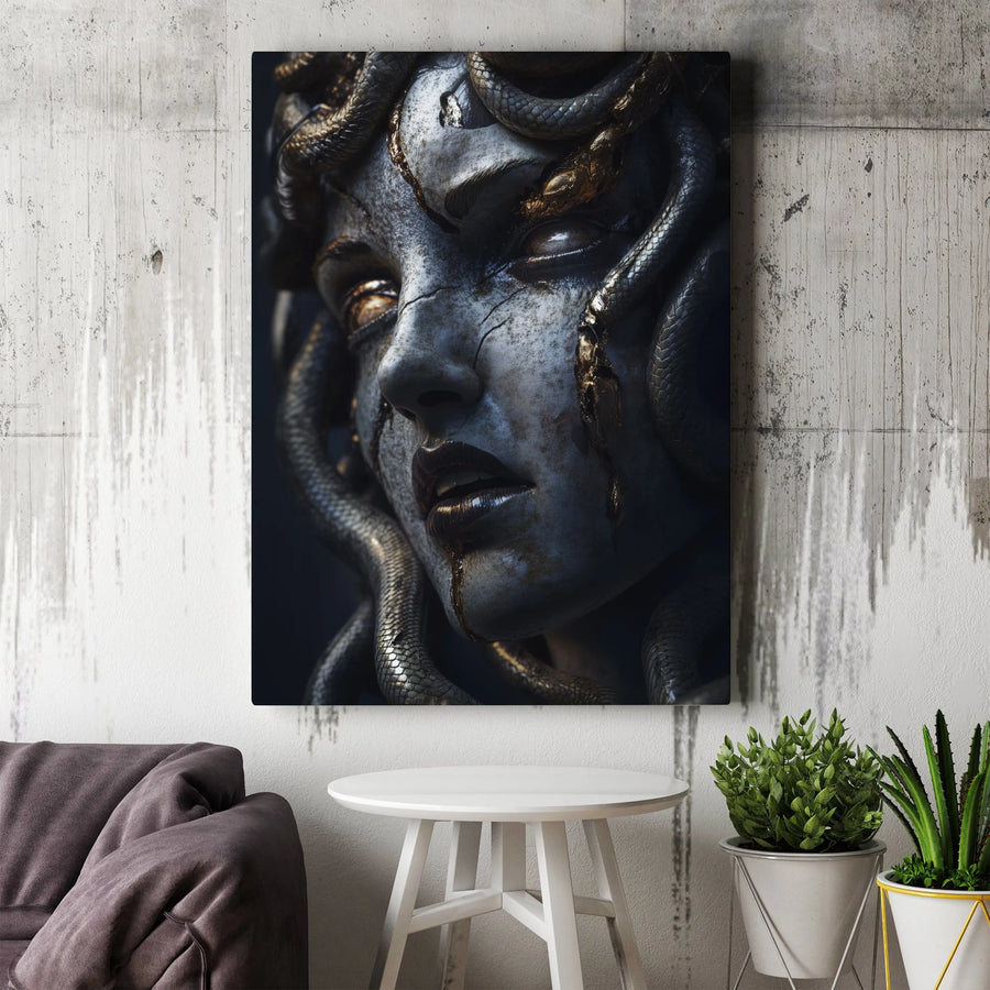 Medusa Wall Art Canvas | Dark Mythological Gorgon Statue Print | Premium Gallery-Wrapped Decor | Gothic Home Office Gift for Mythology Lovers