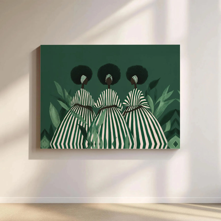 Black Women Art Print | Modern Afrocentric Gallery Wrap Canvas | Premium Forest Green Wall Decor | Empowering Home Office Living Room Gift