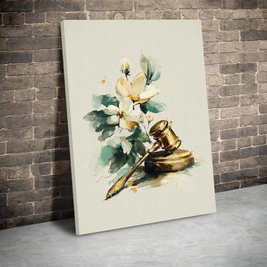 Judge Gavel Watercolor Canvas Art | Floral Law Office Decor | Premium Gallery Wrap Print | Graduation Gift for Lawyer or Attorney