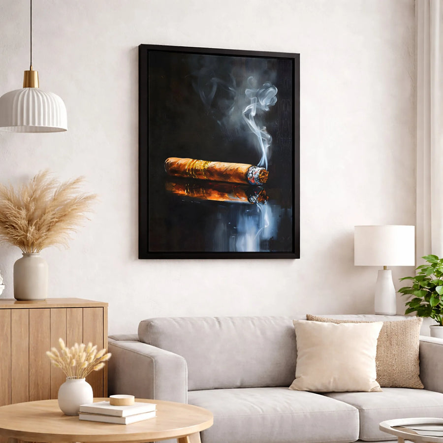 Smoking Cigar Wall Art | Oil Painting Style Cigar with Gold Band | Premium 1.25-Inch Canvas Print | Gift for Cigar Aficionado and Man Cave Decor