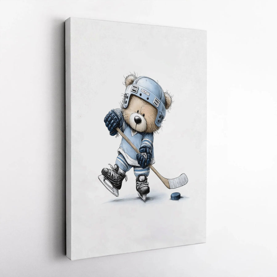Hockey Teddy Bear Wall Art | Cute Animal Sports Illustration | Premium Gallery Wrapped Canvas | Nursery Decor or Sports Fan Gift