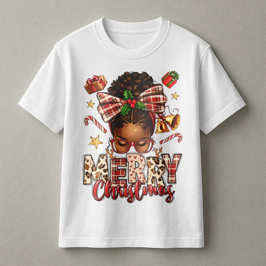 African American Merry Christmas T-Shirt | Afrocentric Holiday Woman Design | Premium Soft Cotton Tee | Festive Melanin Queen Gift Idea