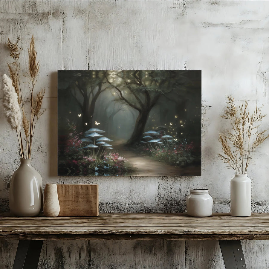 Enchanted Forest Horizontal Canvas | Magical Glowing Mushroom Wall Art | Premium 1.25" Gallery Wrap Print | Mystical Fairycore Path Landscape Gift for Living Room