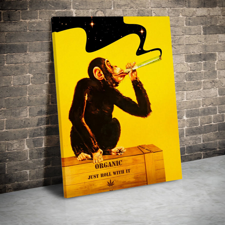 Smoking Chimp Canvas Art | Psychedelic Stoner Art Print with Galaxy Smoke | Premium Canvas | Unique Gift for Man Cave or Dorm Decor