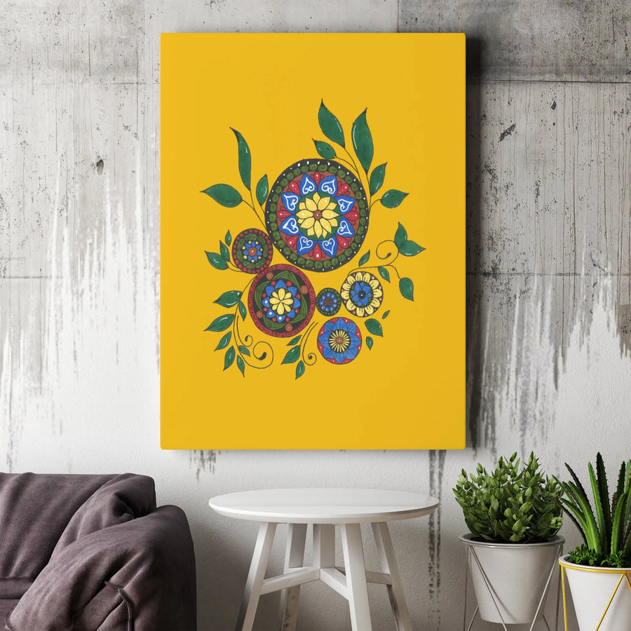 Folk Art Floral Mandala Canvas Wall Art | Colorful Bohemian Flower Print | Premium Fade-Resistant Gallery Wrap | Gift For Modern Home Decor