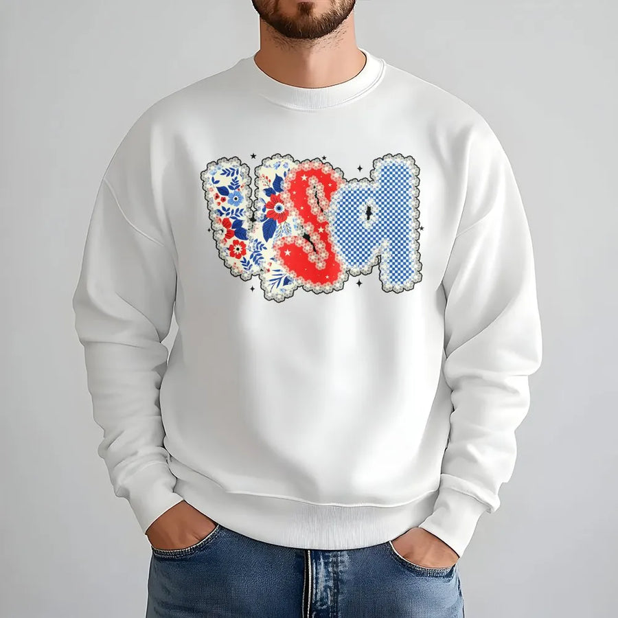 USA Sweatshirt | Floral Patchwork Style Graphic Sweatshirt | Premium Cotton Blend | Patriotic 4th of July Gift for Women