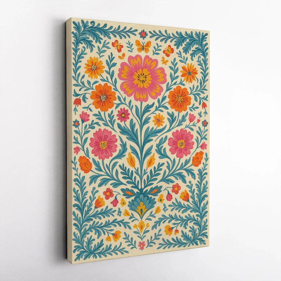 Folk Art Floral Canvas Wall Art | Symmetrical Butterfly Garden Print | Premium Gallery Wrapped Decor | Bohemian Botanical Home Gift