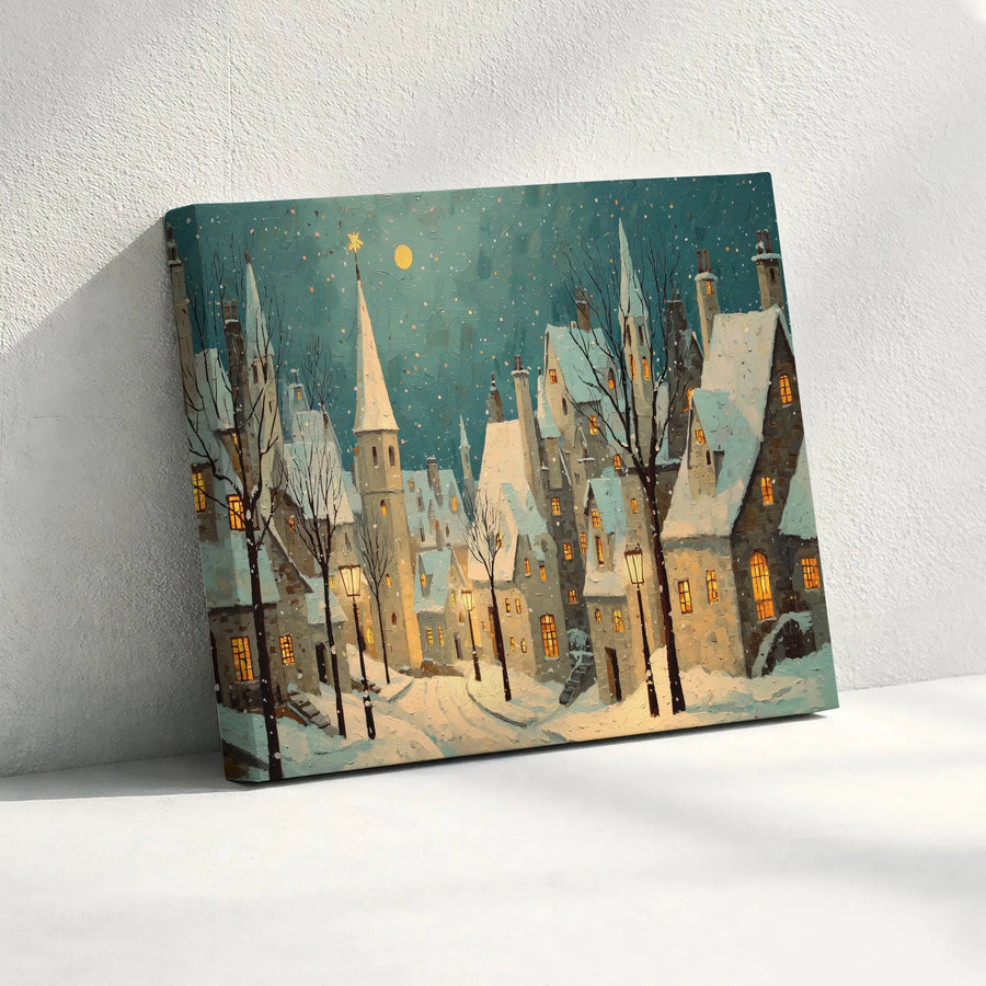 Christmas Village Canvas Wall Art | Snowy Night Village Painting | Premium Gallery Quality Print | Holiday Home Decor Gift