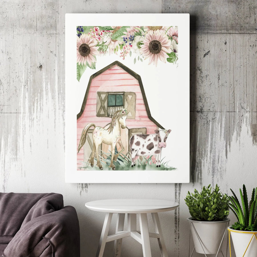 Watercolor Farm Animal Canvas Wall Art | Pink Barn With Horse And Cow | Premium Floral Gallery Wrap | Rustic Nursery Decor Gift
