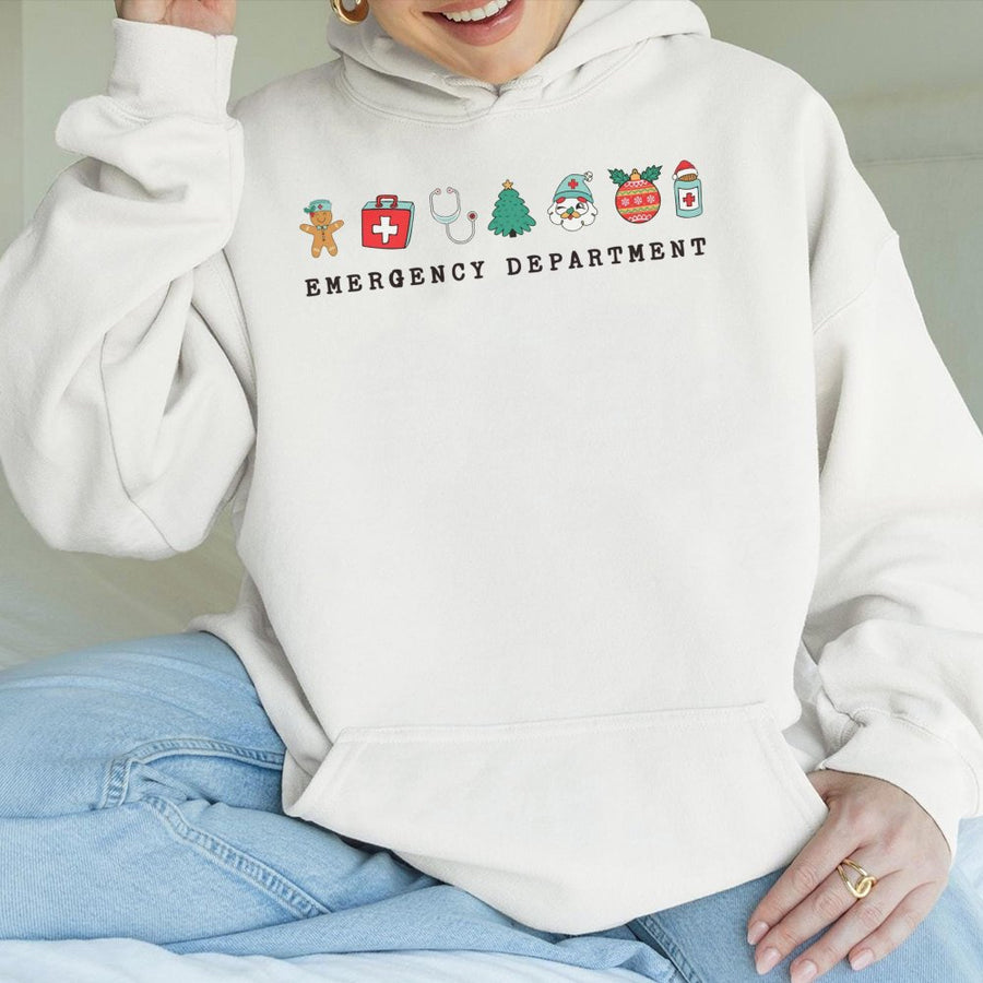 Emergency Department Christmas Hoodie | Festive ER Nurse Graphic | Cotton-Blend Comfort | Cute Medical Staff Gift For Her Or Him