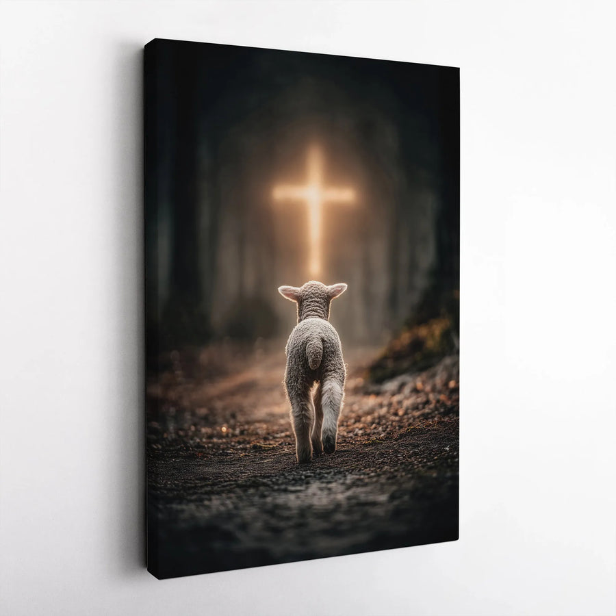Lamb Walking To Glowing Cross Canvas | Christian Religious Wall Art | Premium Fade-Resistant Print | Spiritual Home Decor Gift