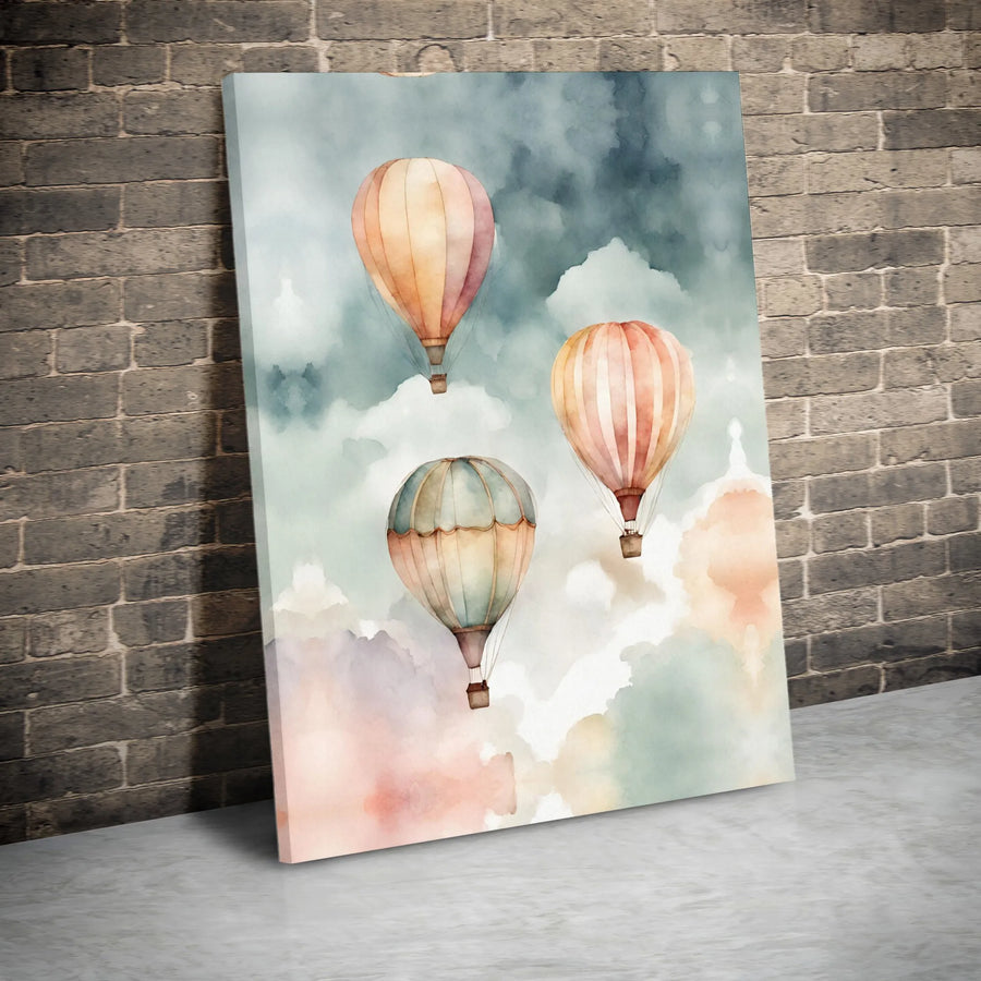 Watercolor Hot Air Balloon Canvas Wall Art | Dreamy Sky Nursery Decor | Premium Gallery Wrap Print | Whimsical Gift For Kids And Travel Lovers
