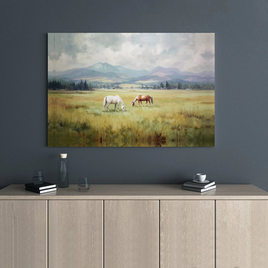 Horse Meadow Landscape Canvas | Mountain Field Wall Art Print | Premium Gallery Wrap Decor | Farmhouse Aesthetic Gift for Nature Lovers