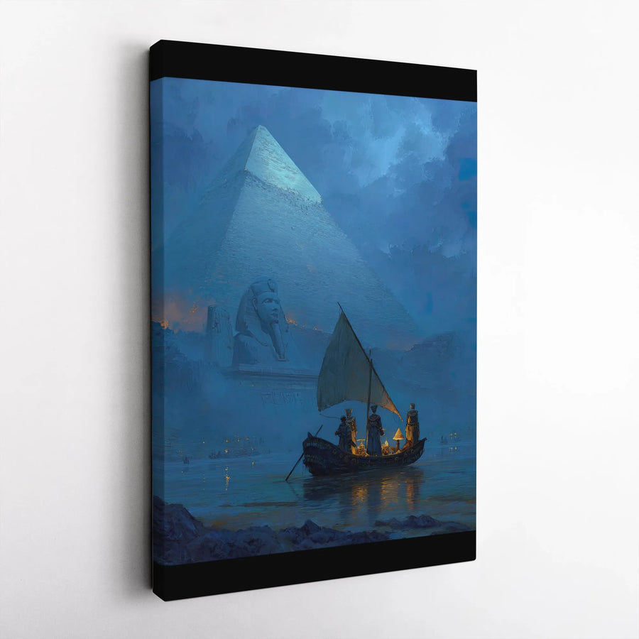 Ancient Egypt Canvas Wall Art | Sphinx and Pyramid Night Sailboat Landscape | Premium Gallery Wrapped Print | Historical Home Office Decor Gift