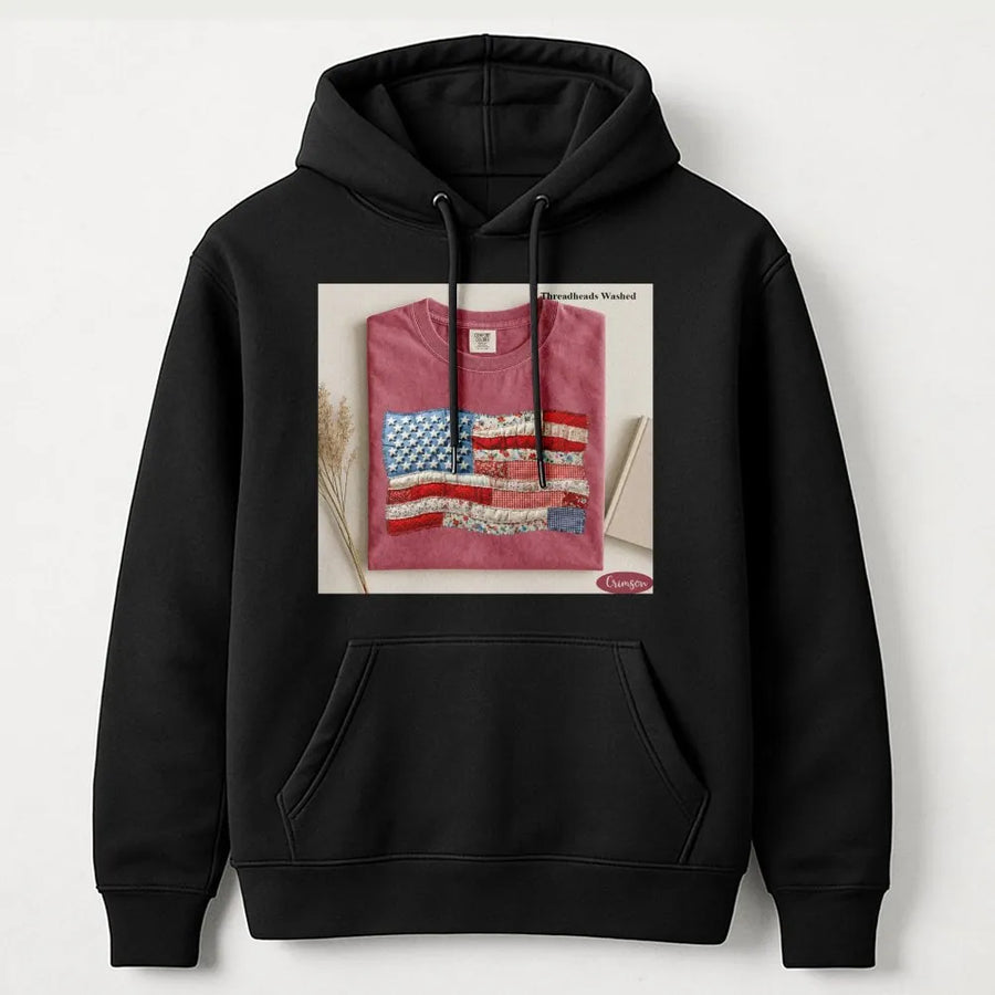 American Flag Hoodie | Retro Faux Patchwork USA Flag Design | Premium Comfort Colors | Patriotic Gift for Men & Women