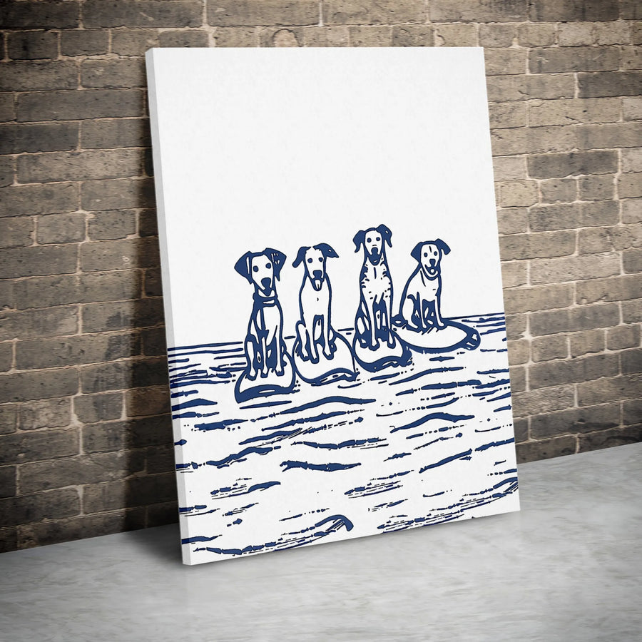 Dog Surfing Canvas Art | Minimalist Block Print Coastal Decor | Premium Fade-Resistant Gallery Wrap | Gift for Dog Lovers & Beach House Wall Art