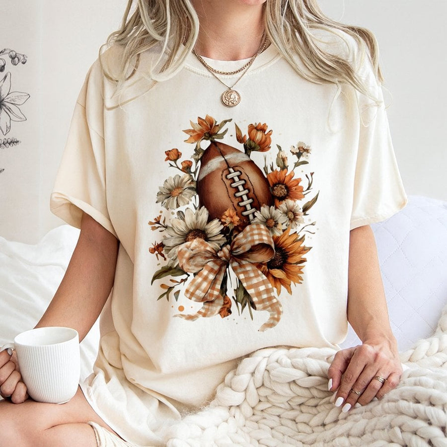 Floral Football T-Shirt | Fall Aesthetic Sports Graphic | 100% Cotton Premium Tee | Game Day Gift for Her