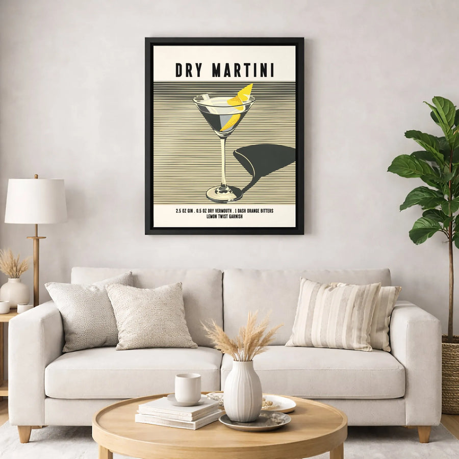 Dry Martini Cocktail Recipe Wall Art | Retro Minimalist Bar Poster | Premium Gallery Wrap Canvas | Kitchen Decor Gift for Home Bartender