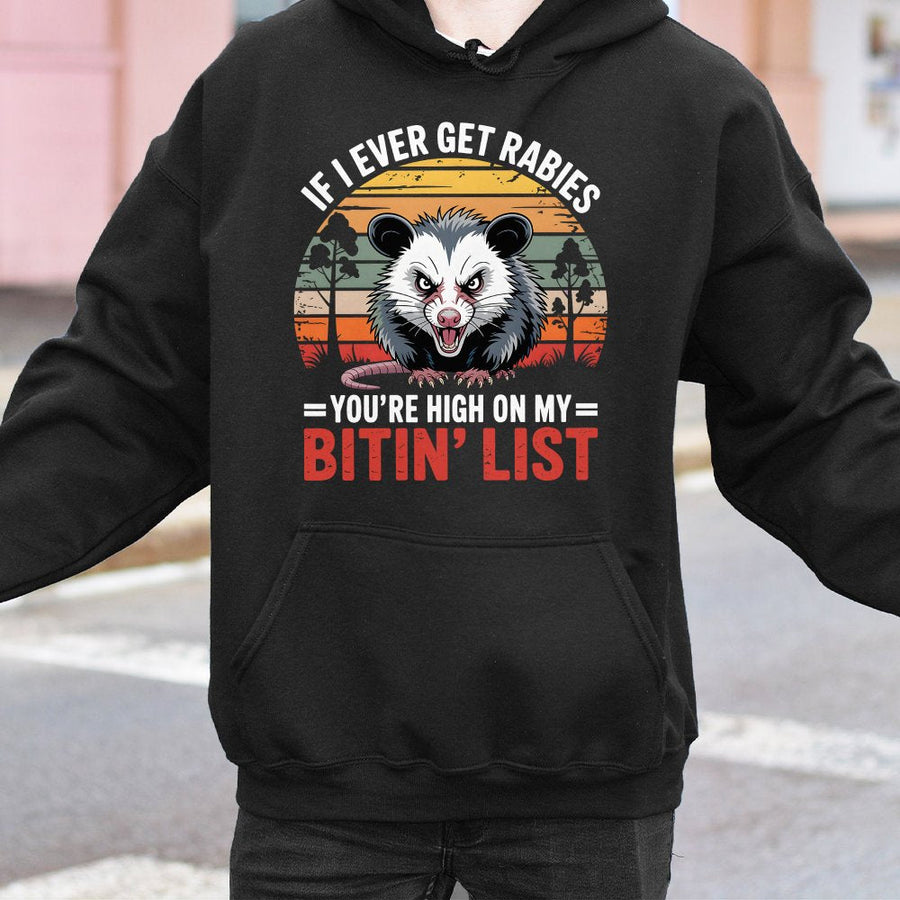 Opossum Hoodie | Funny Rabies Bitin List Retro Design | Cotton-Poly Blend Sweatshirt | Sarcastic Dark Humor Gift for Animal Lovers
