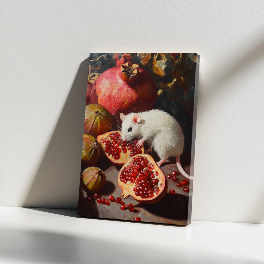 Mouse and Pomegranate Vertical Canvas | Dark Academia Still Life Art | Premium High-Resolution Print | Collector's Gift for Kitchen Wall Decor