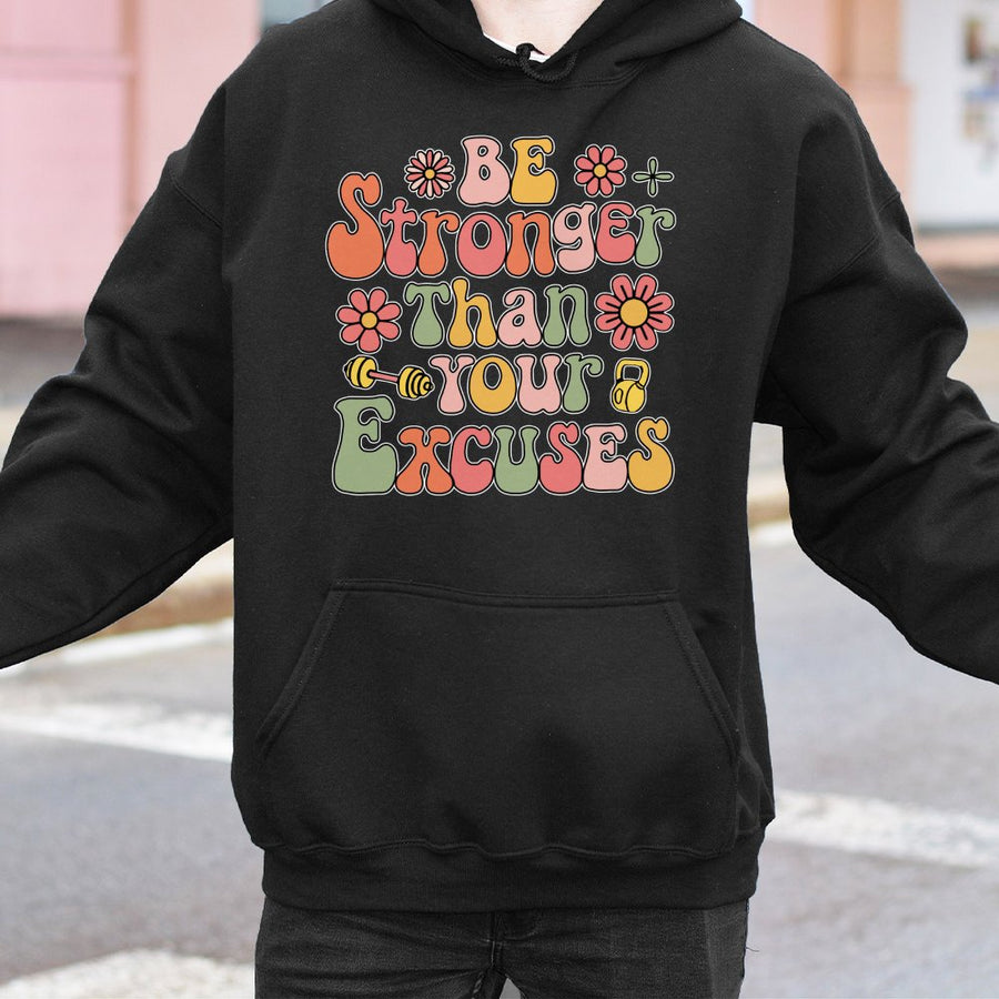 Be Stronger Than Your Excuses Hoodie | Retro Fitness Gym Graphic | Premium Cotton Blend Sweatshirt | Motivational Gift for Gym Lovers & Athletes