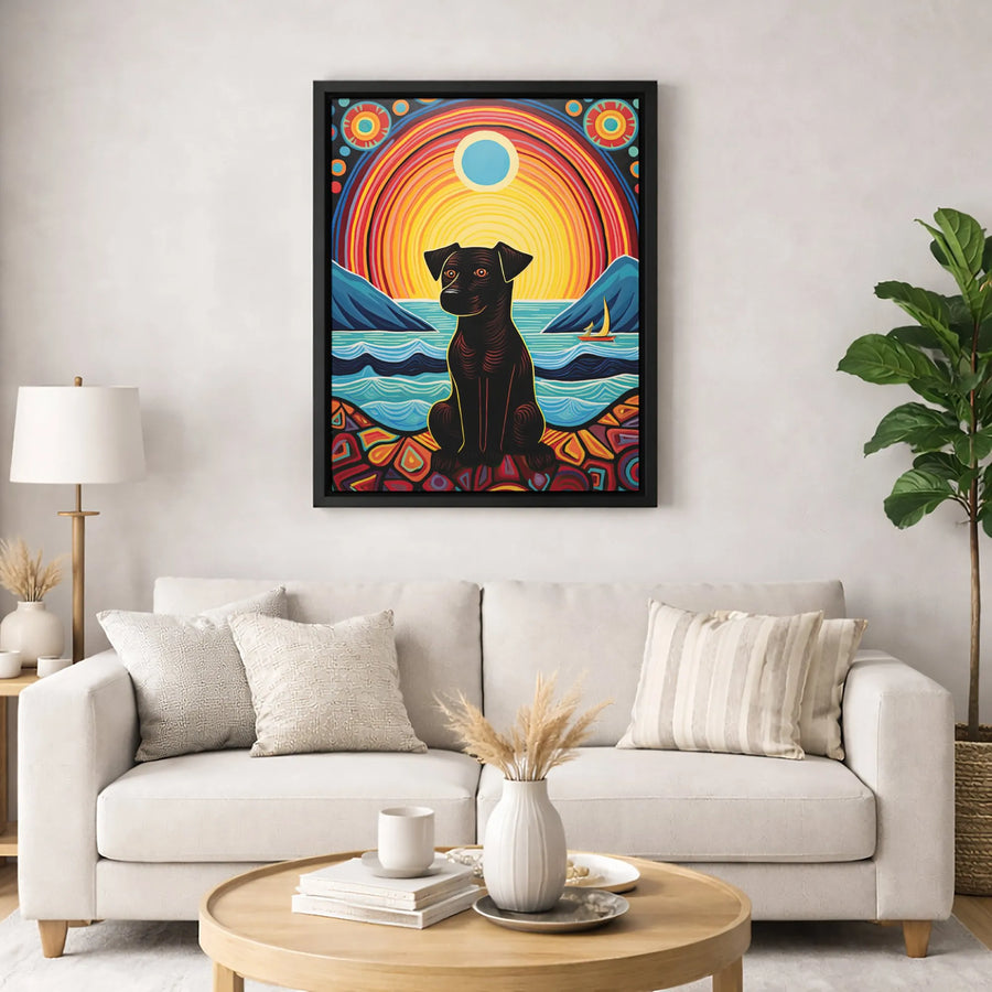 Black Dog Canvas Wall Art | Vibrant Folk Art Seascape Decor | Premium Gallery-Wrapped Print | Unique Pet Lover Gift for Living Room