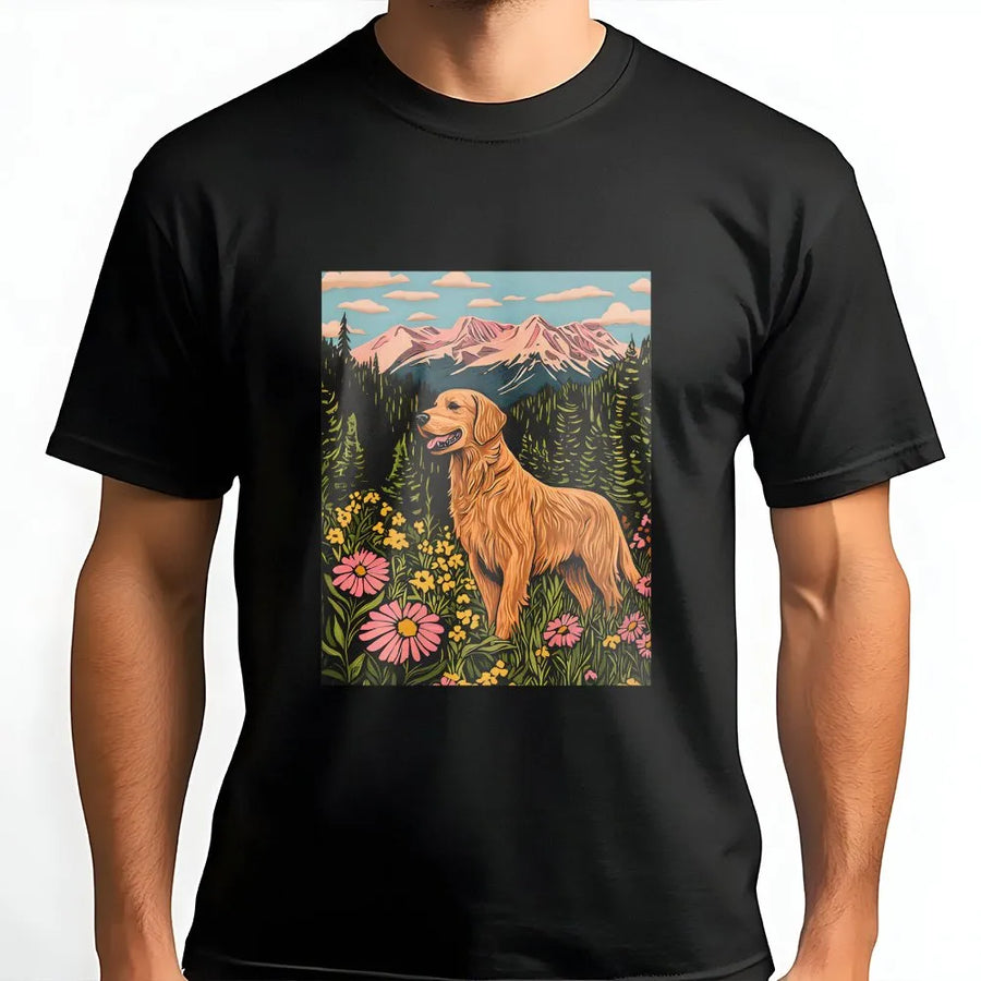 Golden Retriever T-Shirt | Artistic Nature Mountain Forest Graphic | Premium 100% Cotton Tee | Dog Lover Gift for Outdoor Adventurers