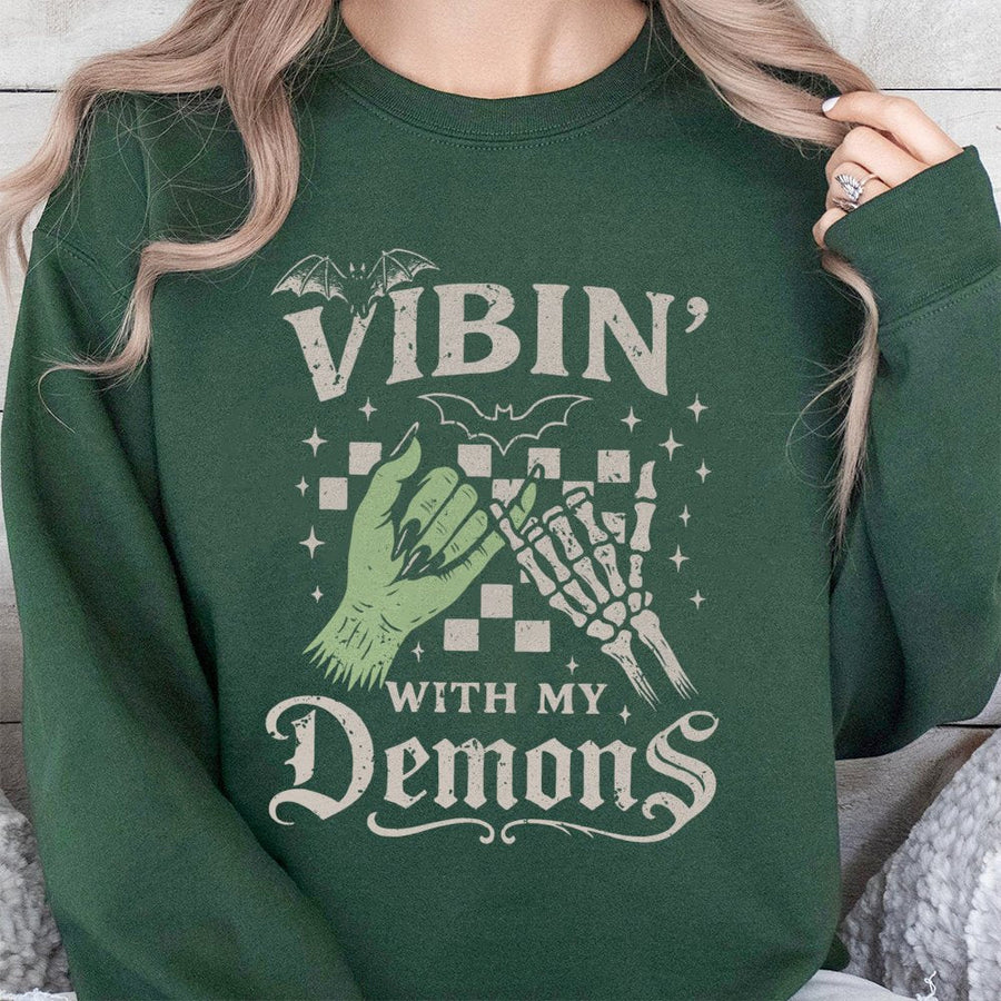 Vibin With My Demons Sweatshirt | Spooky Skeleton Hand Graphic | Premium Cotton Blend | Funny Halloween Gift for Gothic Aesthetic Lovers