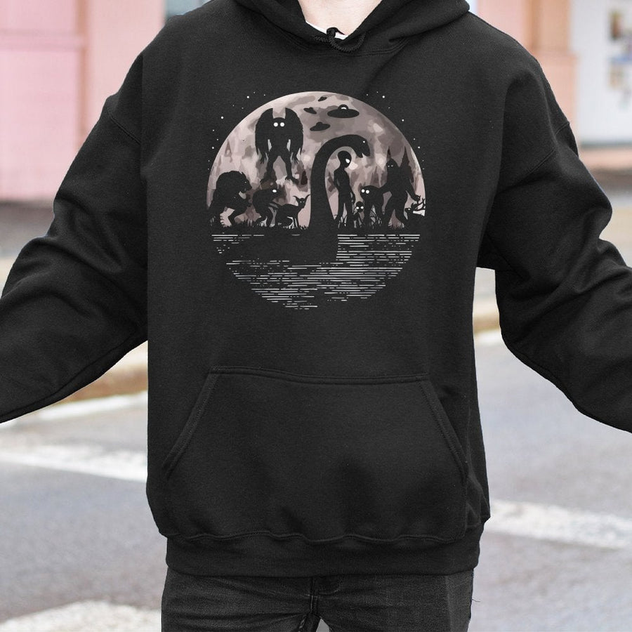 Cryptid Graphic Hoodie | Mothman Loch Ness Monster Moon Design | Soft Cotton-Polyester Blend | Spooky Aesthetic Gift for Urban Legend Fans