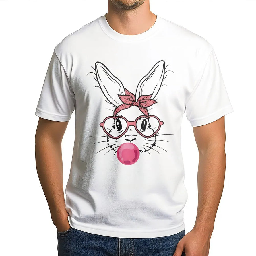 Easter Bunny T-Shirt | Cute Rabbit With Bubble Gum And Heart Glasses | Premium 100% Cotton Tee | Fun Spring Holiday Gift For Women And Kids