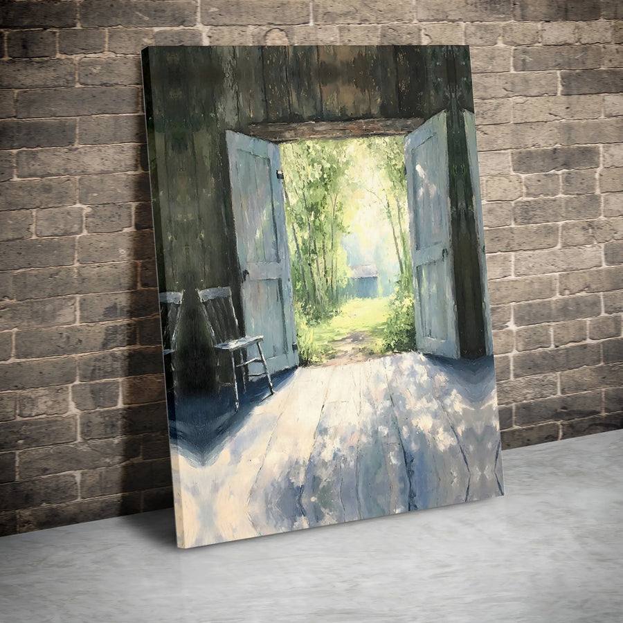 Rustic Open Door Canvas Print | Impressionist Sunlit Pathway Painting | Premium Gallery Wrapped Canvas | Farmhouse Wall Decor Gift