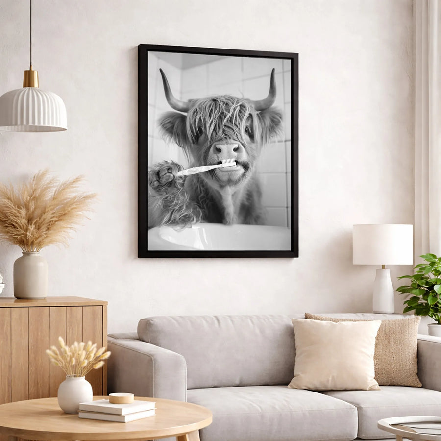 Highland Cow Bathroom Wall Art | Funny Animal Brushing Teeth Print | Gallery-Quality 1.25" Thick Canvas | Farmhouse Home Decor Gift