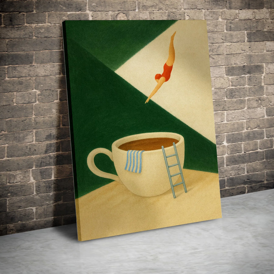 Surreal Coffee Cup Wall Art | Diving Woman Illustration | Premium Gallery Wrapped Canvas | Whimsical Kitchen Decor Gift for Coffee Lovers