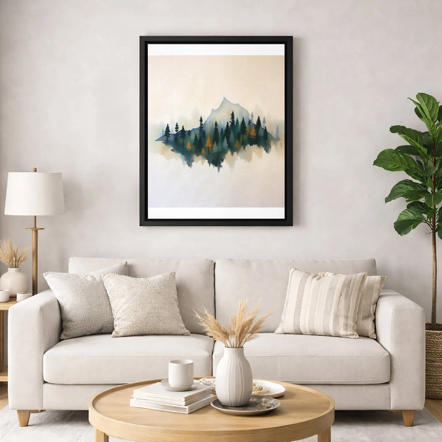 Misty Mountain Wall Art | Watercolor Pine Forest Reflection Canvas | Premium Gallery Wrap Print | Modern Landscape Home Decor Gift
