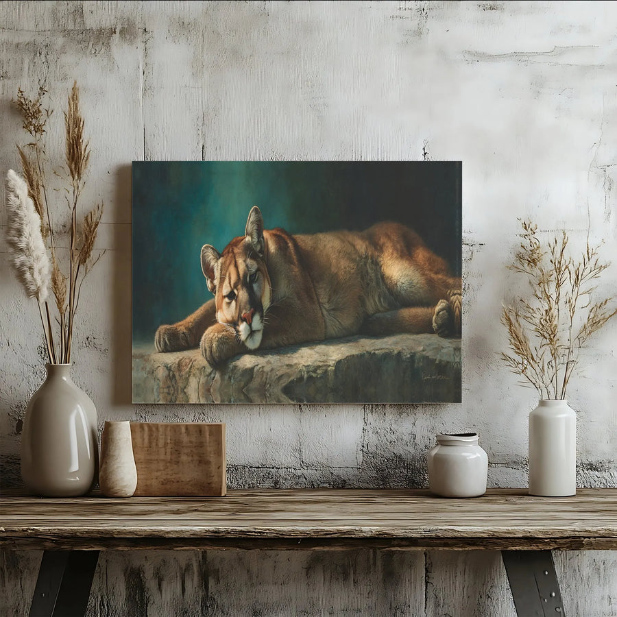 Mountain Lion Canvas Print | Realistic Resting Cougar Painting | Premium Gallery Wrapped Canvas | Nature Lover Collector's Gift