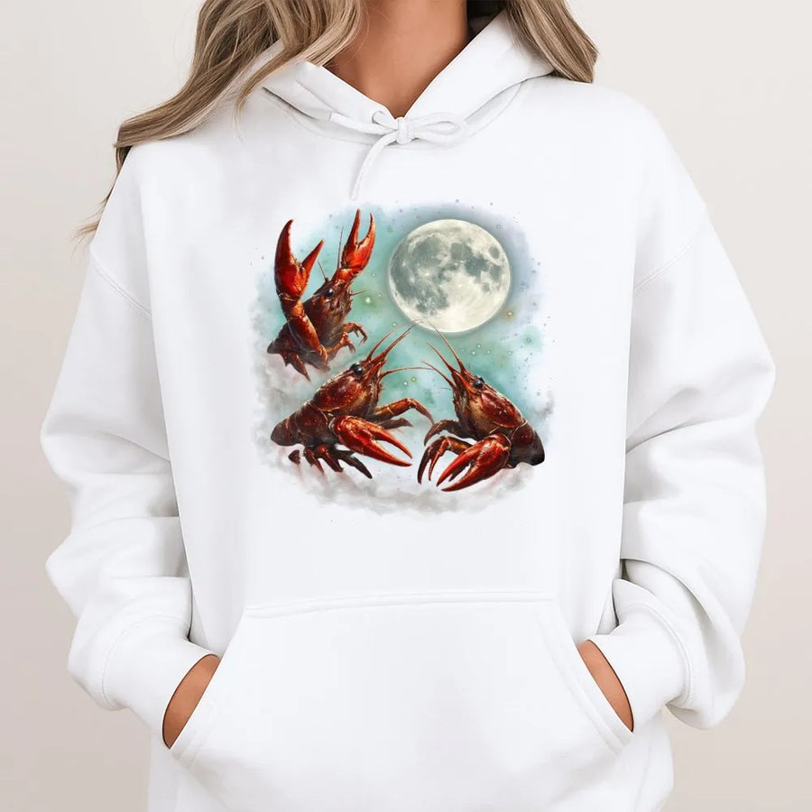 Crawfish Moon Hoodie | Surreal Lobster Full Moon Graphic | Cozy Cotton Blend Pullover | Gift for Seafood Lover